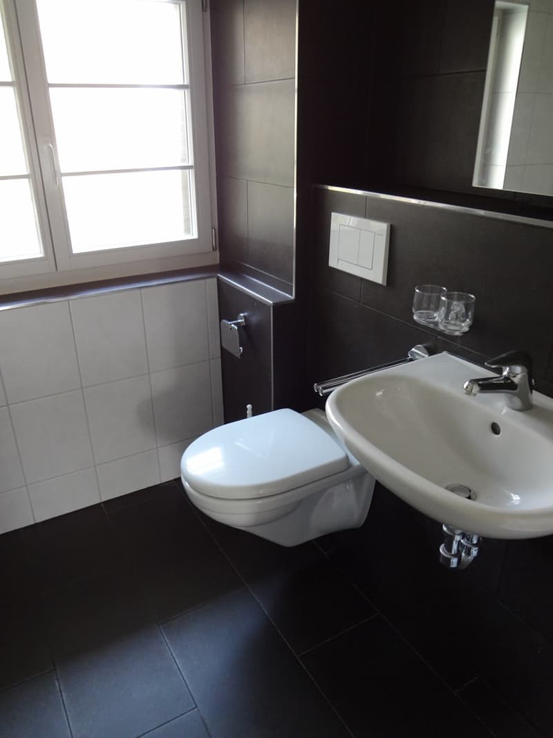 modern bathroom, white tiles, black tiles, white toilet, white sink, glass glasses, window