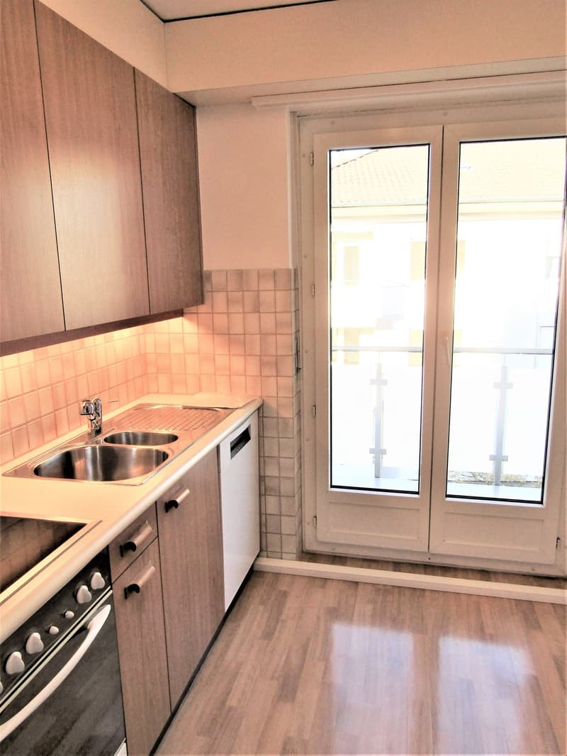 modern kitchen with wooden cabinets, stainless steel sink, dishwasher, oven, balcony