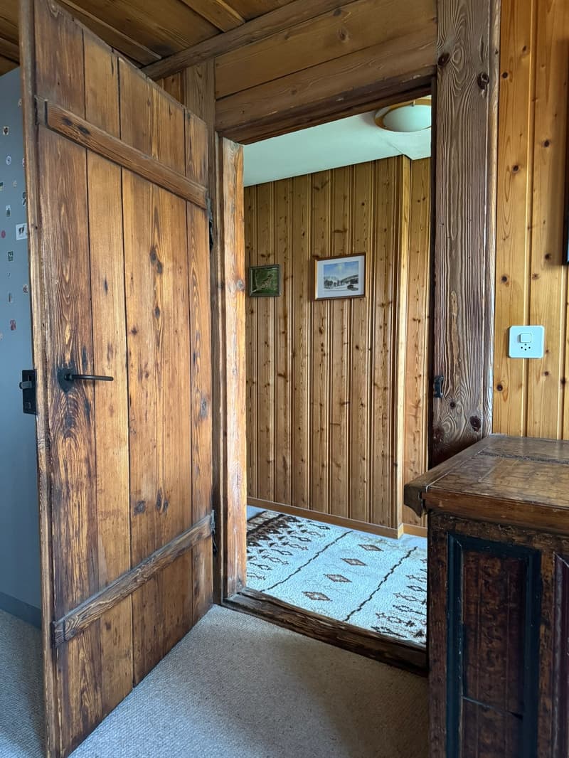 wooden door, wooden wall, carpet, picture frame, power outlet