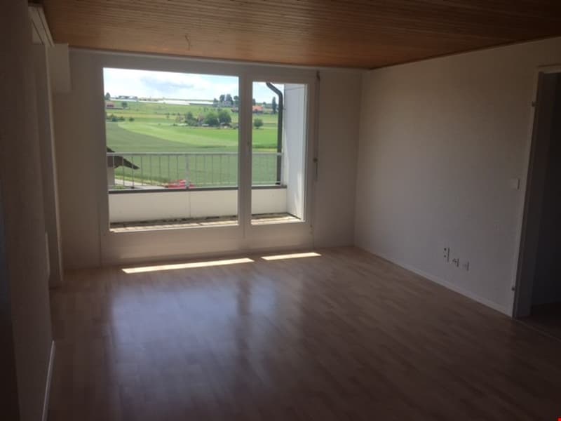 empty room, wooden floor, large windows, balcony, view of the landscape