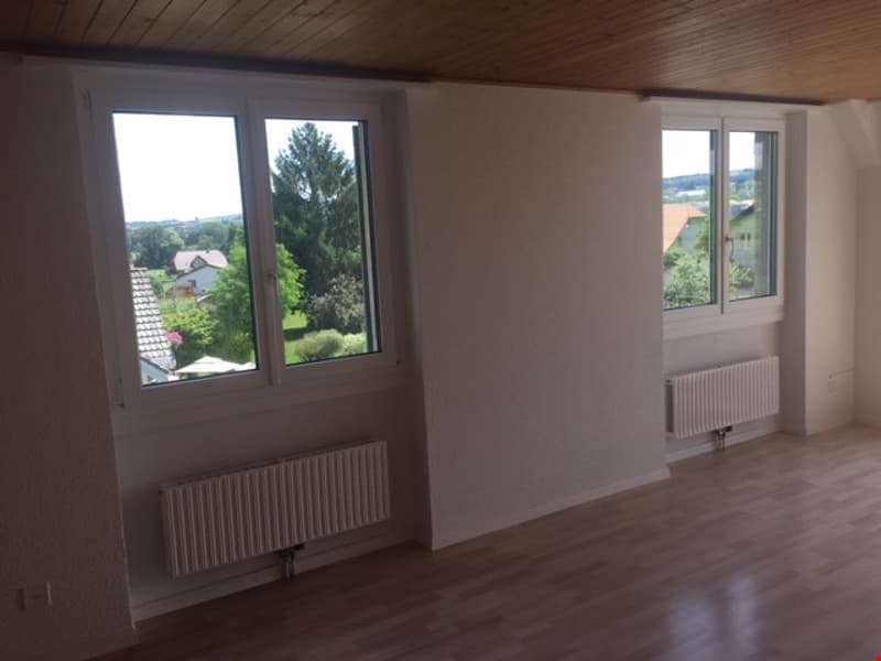 empty room, wooden floor, white walls, two large windows, two radiators