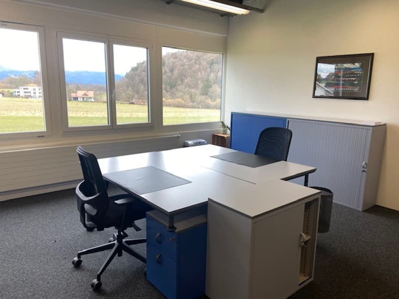 empty office with two tables, three chairs, cabinets, radiators, a potted plant and picture on the wall
