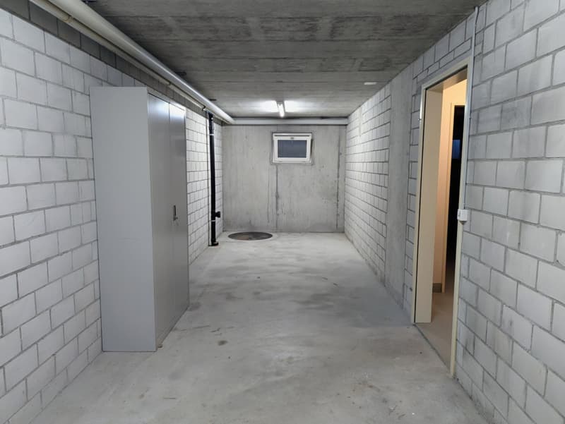 Empty room with white brick walls, concrete floor, a small window, a door, and a cabinet.