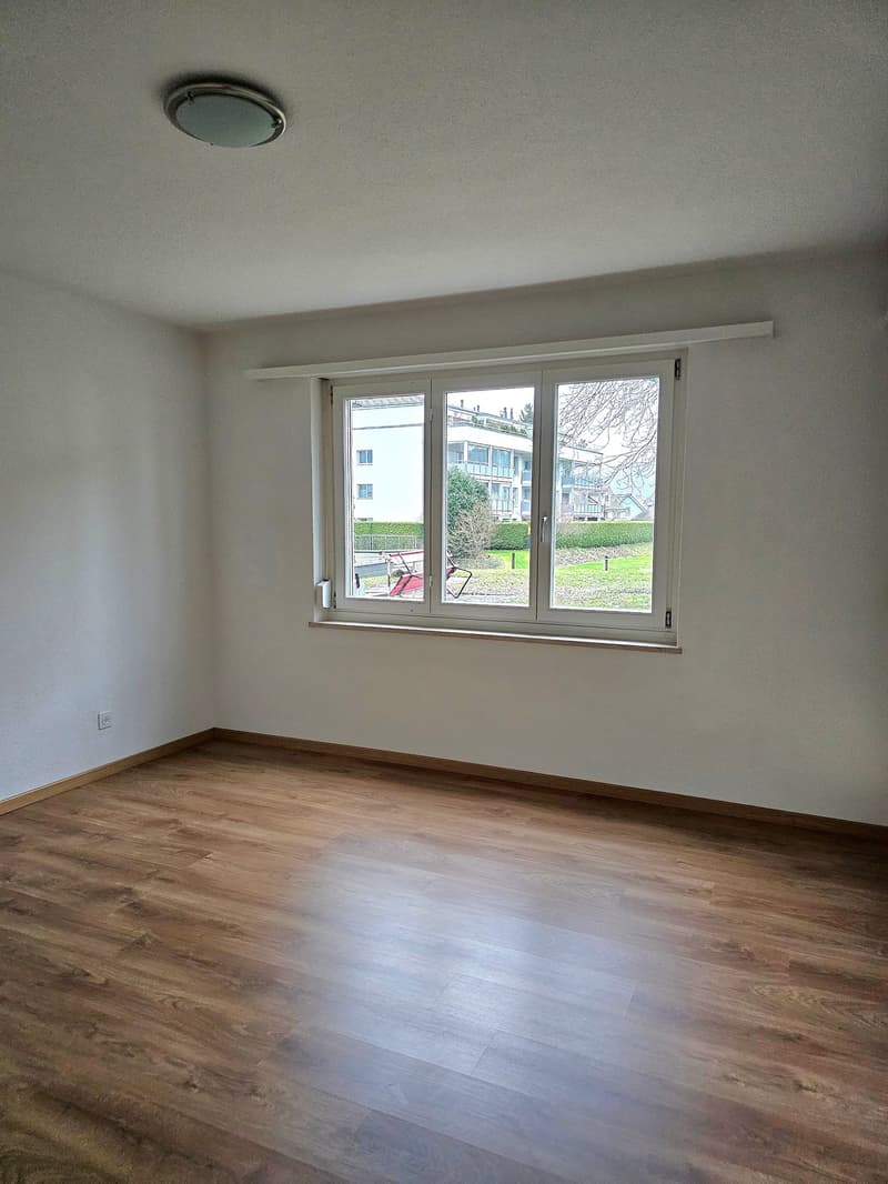 empty room, white walls, wooden floor, large window, power outlet