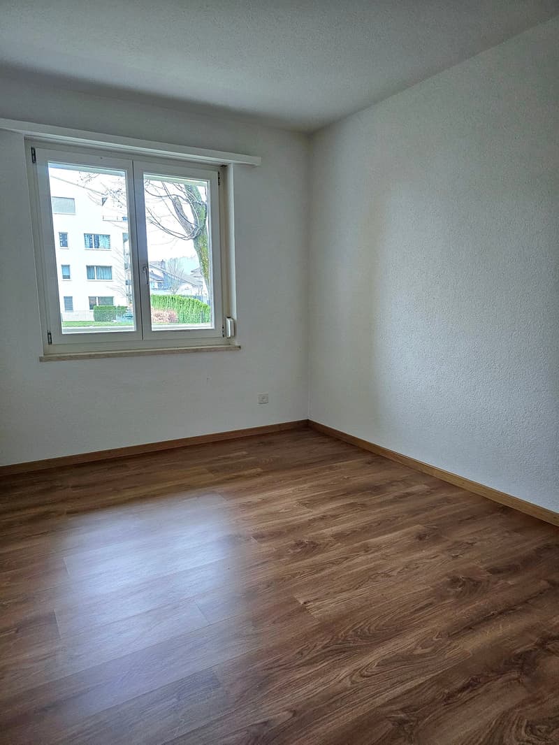 empty room, wooden floor, white walls, window, power outlet