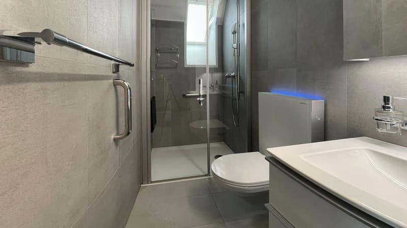 modern bathroom, white toilet, glass shower, white sink, gray tiles