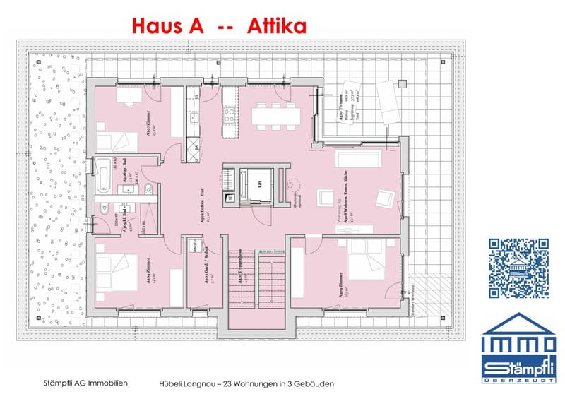 The floor plan shows a multi-unit residential building called 'Haus A - Attika' with 23 apartments across 3 floors. The layout includes a living room, kitchen, bedrooms, bathrooms, and a balcony or terrace.
