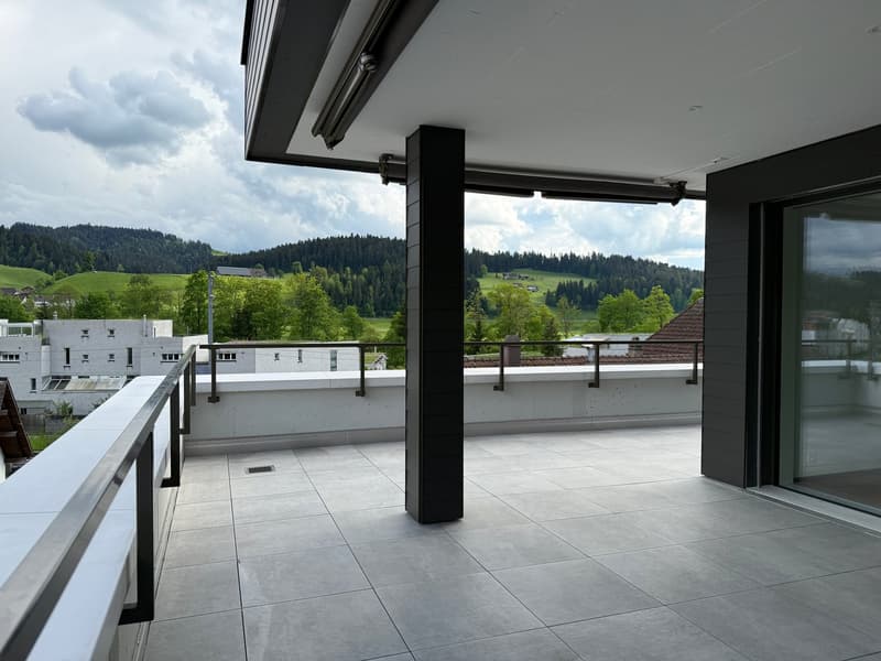 Spacious balcony with a view of the surrounding forested hills and mountains, concrete floor tiles, black support columns, large windows providing natural light and access to the outdoor space