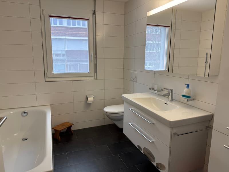 white bathtub, white sink, white toilet, black tiles, window, mirror, shower head