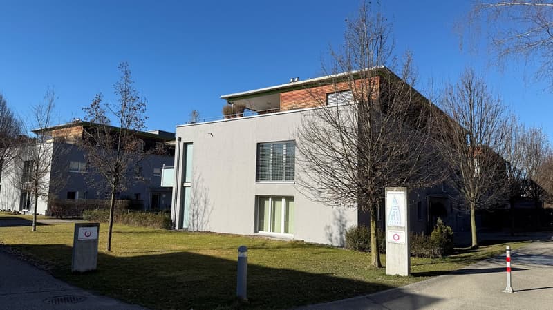 2 story white house, large windows, balconies, roof terrace, nearby trees