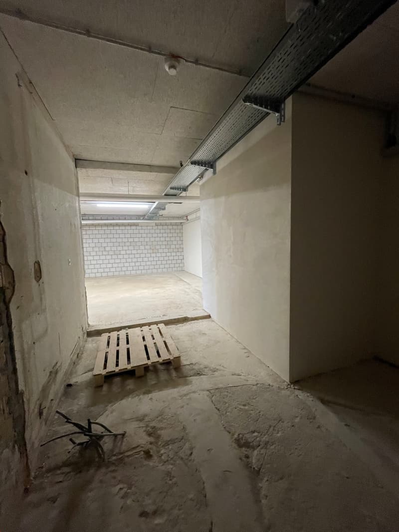 Storage room with bare walls, metal shelves, empty wooden pallet, wet floor, fluorescent ceiling light