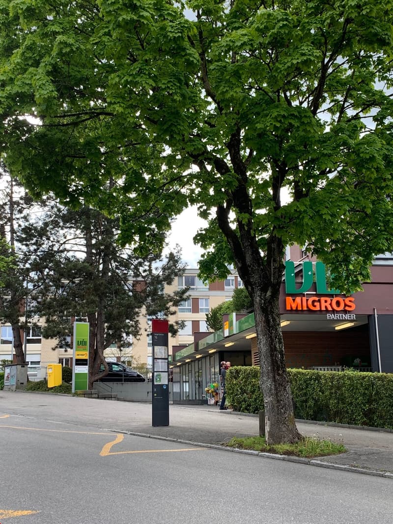 The image shows a street scene with a Migros supermarket and several apartment buildings surrounded by lush green trees. There is a parking area visible in front of the Migros store.