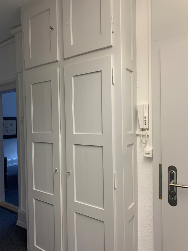 White cabinetry with multiple doors, modern interior with silver door handle and doorbell