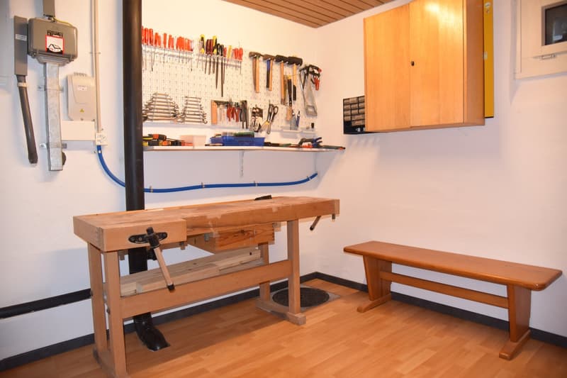 workshop table, bench, toolbox, tools