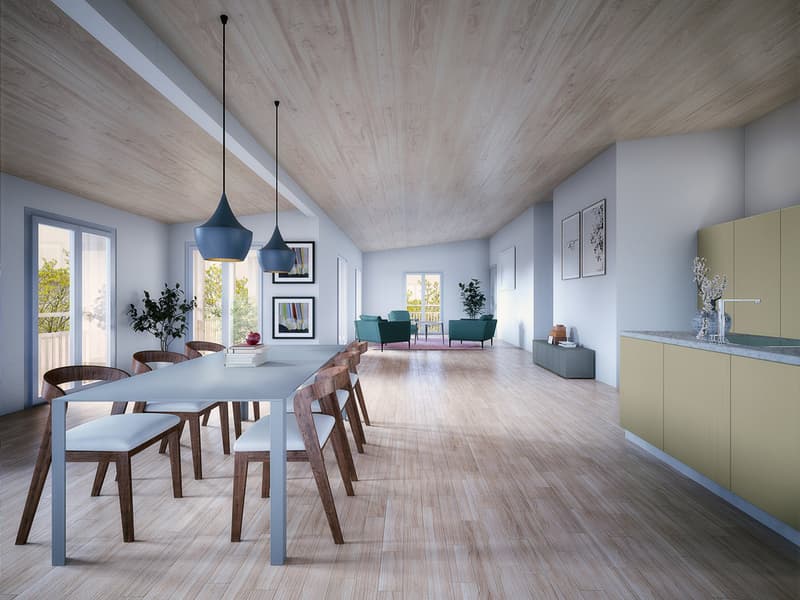 Dining area with a long table and chairs, open kitchen with a sink and cabinets, living area with couches and a coffee table, large windows, wooden floors, wooden ceiling