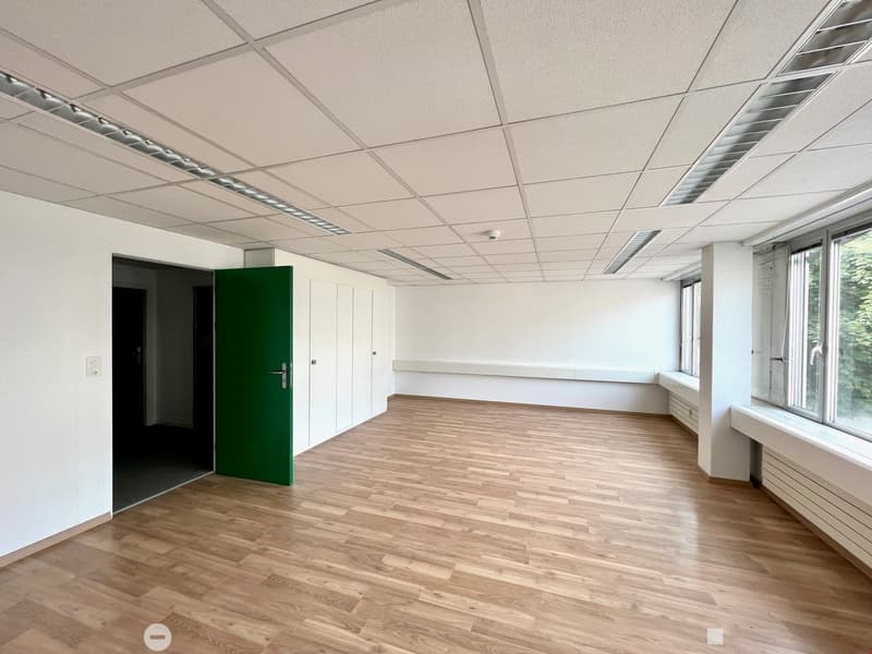 large, empty room with wooden floors, white walls, green door, large windows, benches