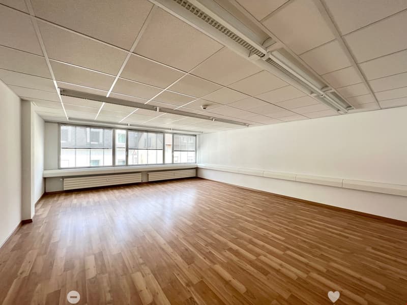 Hardwood floor, large windows, ceiling-mounted fluorescent lights, white walls, large room.