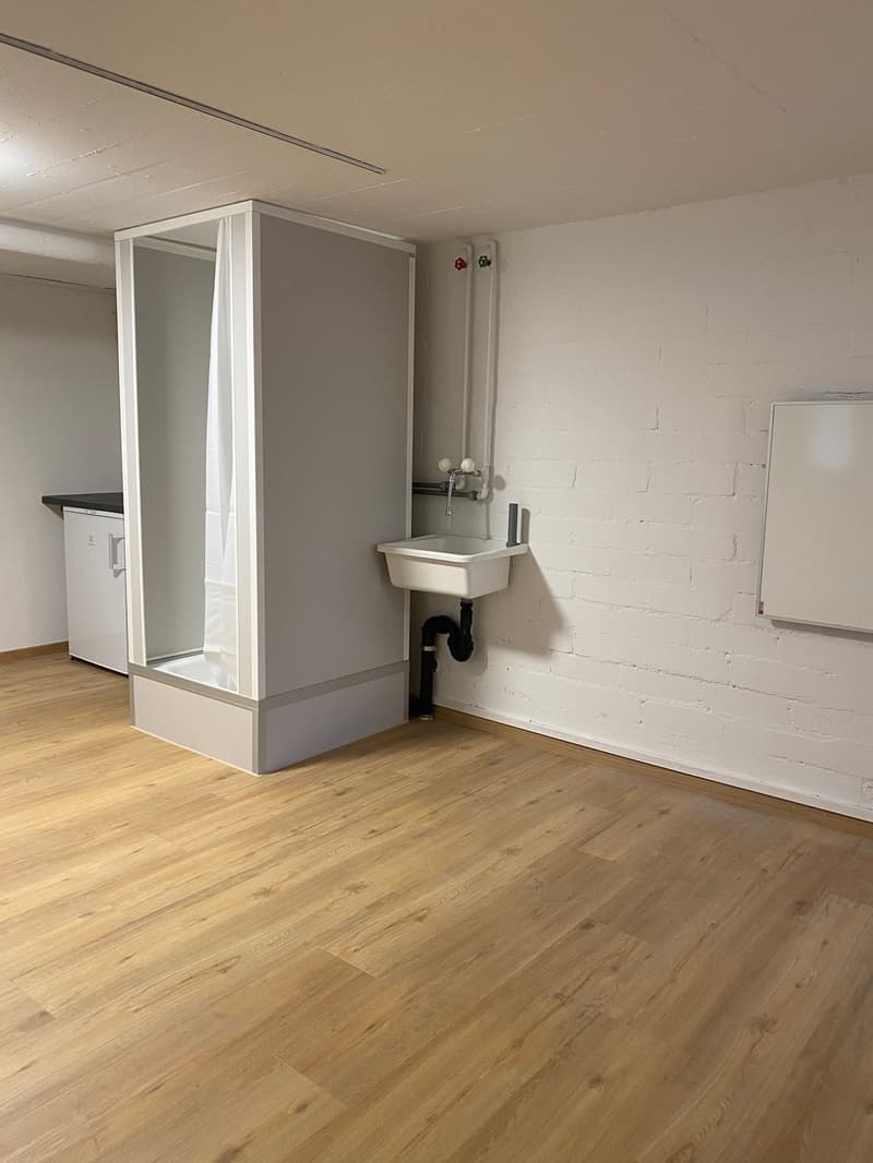 Empty room with wooden floor, white brick wall, shower cubicle, sink, and a small refrigerator.