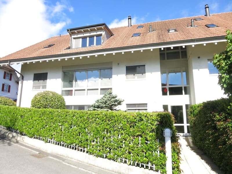 White house with brown roof, large windows, hedges, bushes, and a small tree in front