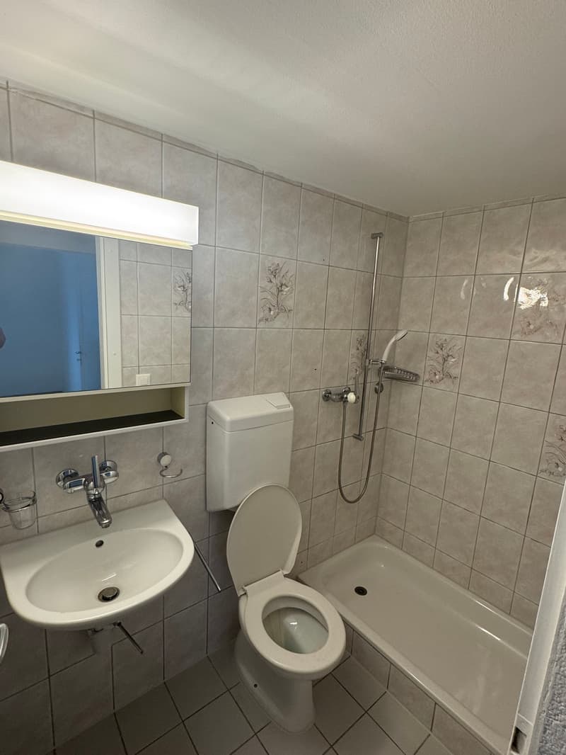 Bathroom with white tiles, white sink, white toilet, shower, mirror, and towel rack