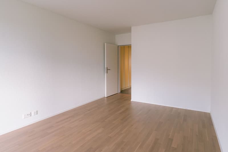 empty room, white walls, wooden floor, open door, power outlets