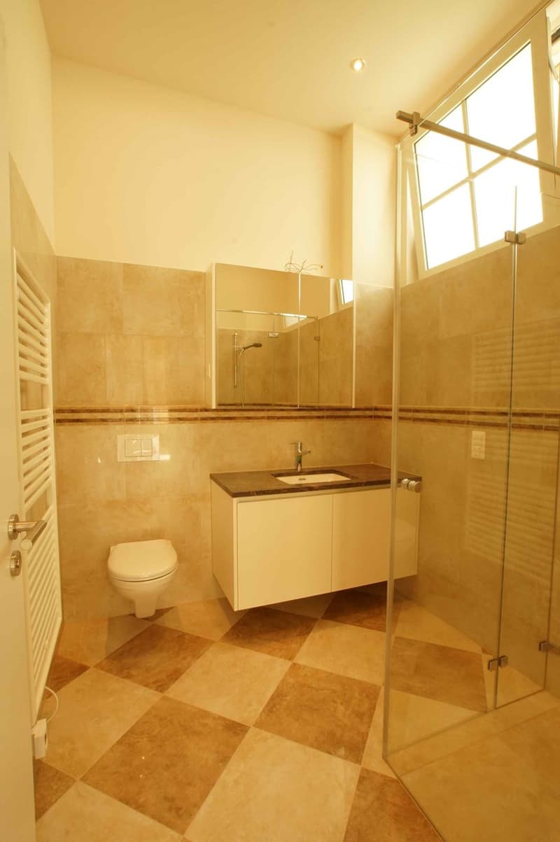 tiled floor, glass walk-in shower, vanity with sink, toilet, mirror
