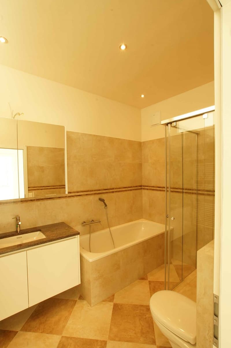 Bathtub, glass enclosure, mirror, sink, faucet, tiles, toilet