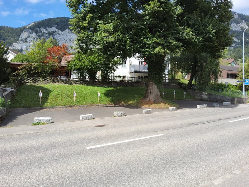 Empty road with curb and grassy embankment with trees, houses and mountains in the background
