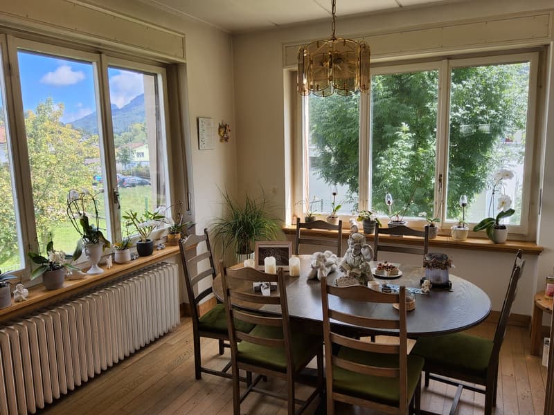 Dining room with wooden chairs, a round wooden table, various plants on the windowsill, a chandelier, a heater, and windows that offer a view of a garden and mountains.