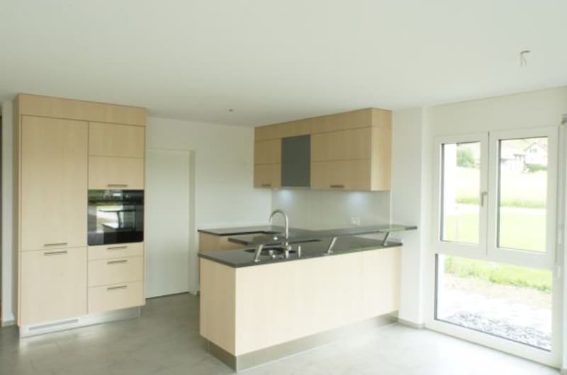 modern kitchen, light wood cabinets, stainless steel countertop, built-in oven and dishwasher, under cabinet lighting