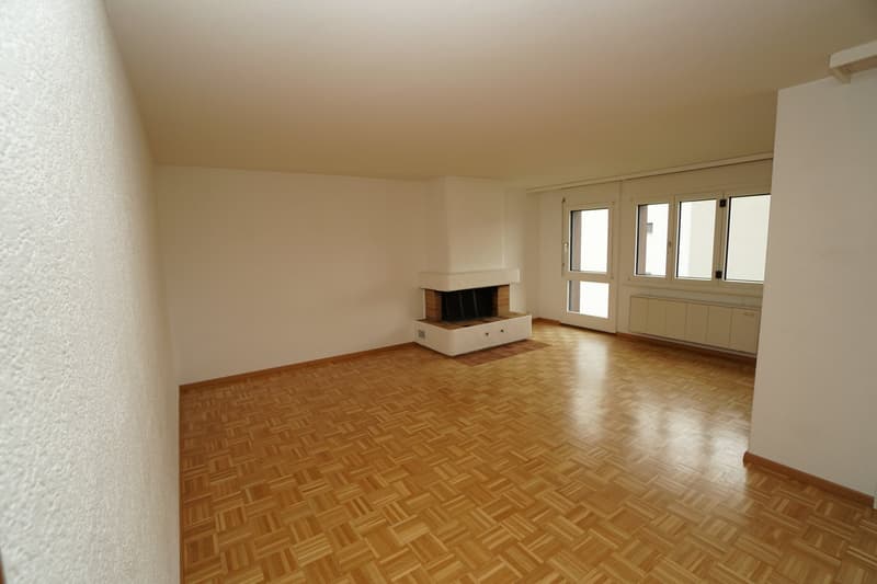 empty room, white walls, wooden floor, fireplace, glass doors, radiators