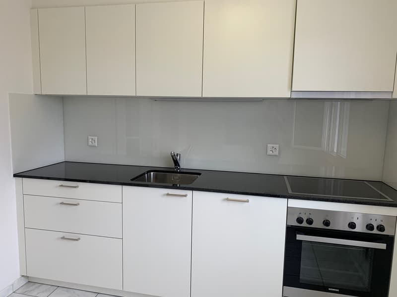 modern kitchen with white cabinets, black countertops, stainless steel sink, gas stove, and dishwasher