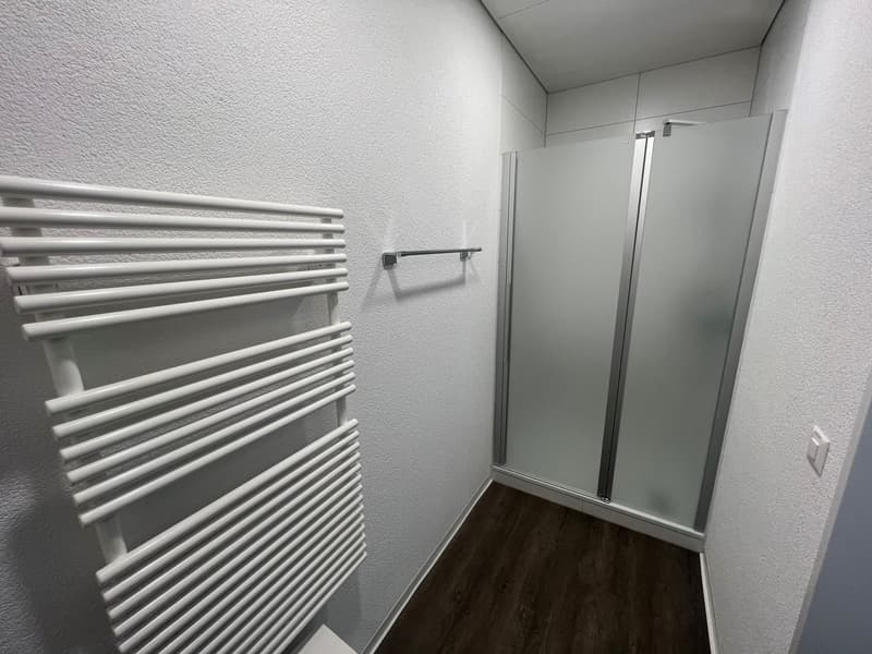 white walls, white radiator, white tile floor, glass door