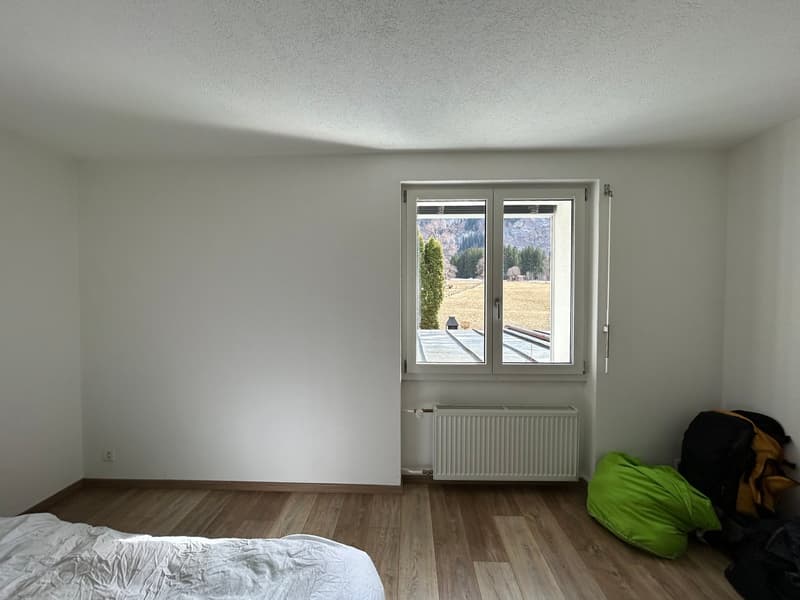 empty room, white walls, wooden floor, white bed, window with view, white radiator