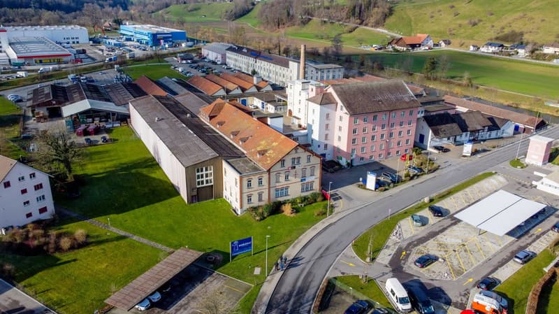 Industrial facility with multiple buildings, surrounded by parking spaces and green lawns.