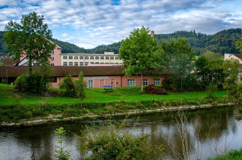 pink facade, several windows, chimney, green lawn, bench, river, mountains