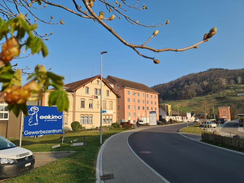 two story building, blue sign, cars parked on the street, mountains in the background