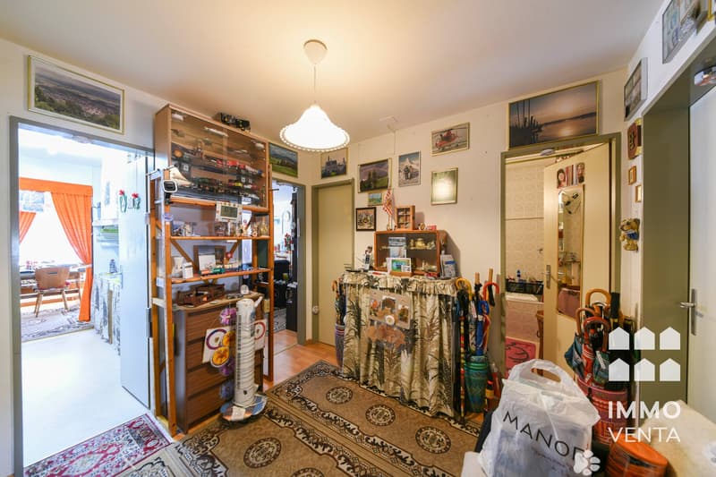 Entrance hall with wooden shelves, framed pictures on the wall, carpet, and a table with umbrellas