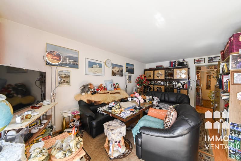 Living room with black leather couches, coffee table, large TV, shelves with various items, decorative items, and framed pictures on the wall.