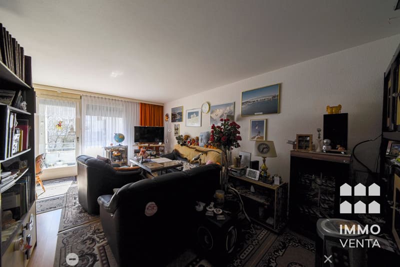 living room with black couches, coffee table, TV, bookshelves, carpet, framed pictures, and a window with curtains