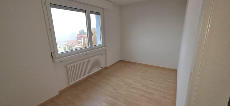 empty room, white walls, wooden floor, window, white radiator