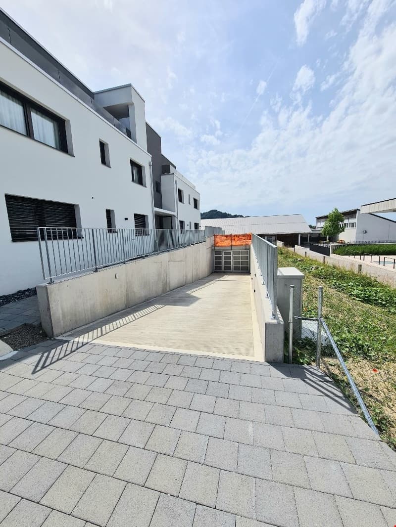 Concrete floor entrance, brick paved sidewalk, metal railings, garage