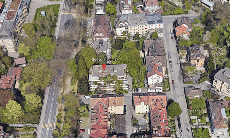 Aerial view of a residential area with multiple buildings, Seevorstadt 42 marked with a red pin.