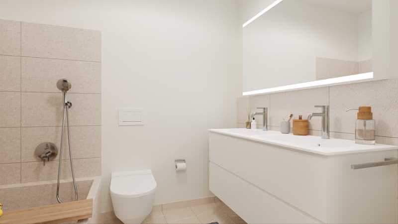 Badezimmer mit Badewanne und Doppellavabo