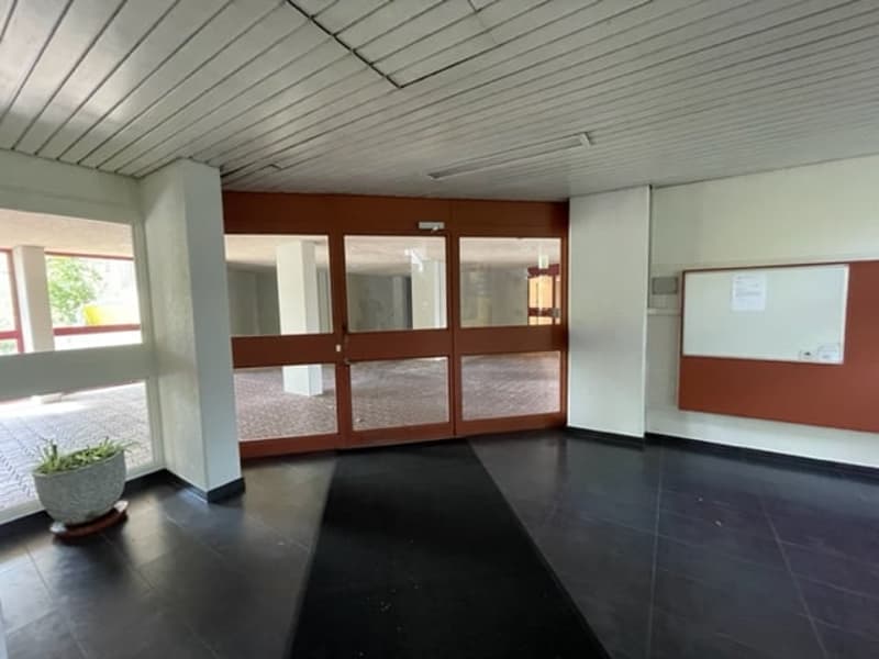 Empty hallway with brown doors, white walls, tiled floor, a potted plant.