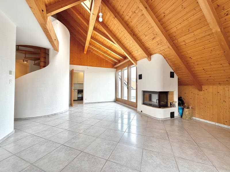 empty room, wooden ceiling, fireplace, large windows, tiled floor