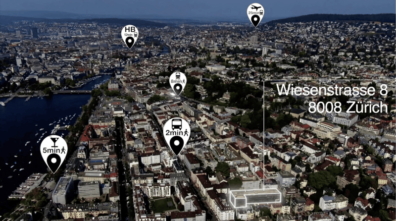 Cityscape of Zurich, Wiesestrasse 8, 8008 Zürich, building with balconies and terrace, surrounded by urban environment, public transport nearby