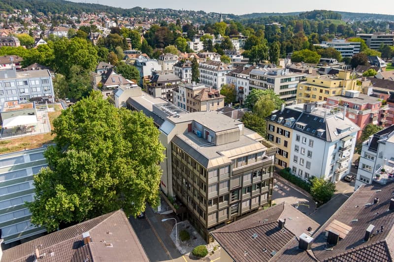 Urban building, concrete construction, grey walls, glass windows, several stories, neighboring trees and buildings, visible rooftops