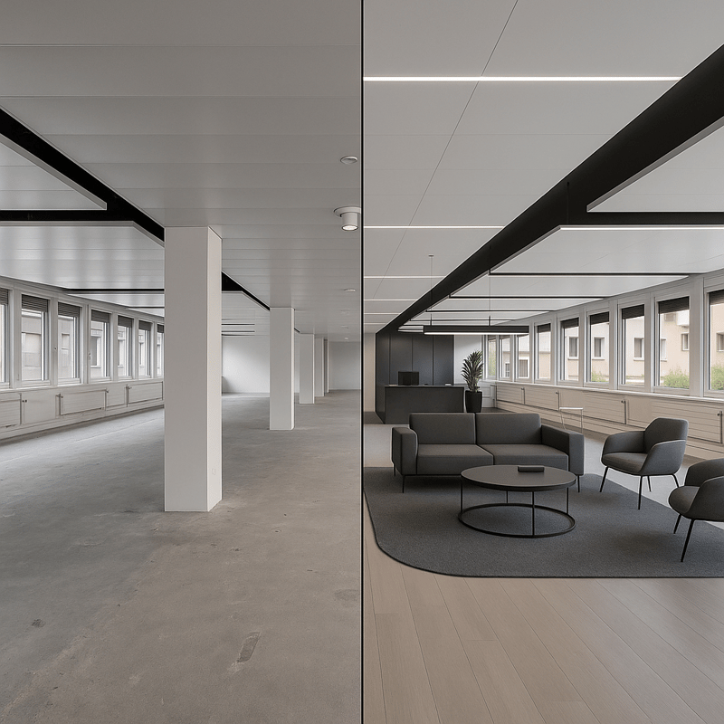 Links: Original / Rechts: Visualisierung mit Ausbau und Möbel