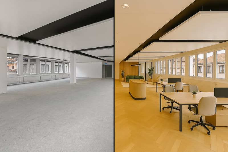 Links: Rohbau / Rechts: Visualisierung ausgebaute Fläche mit Möbel